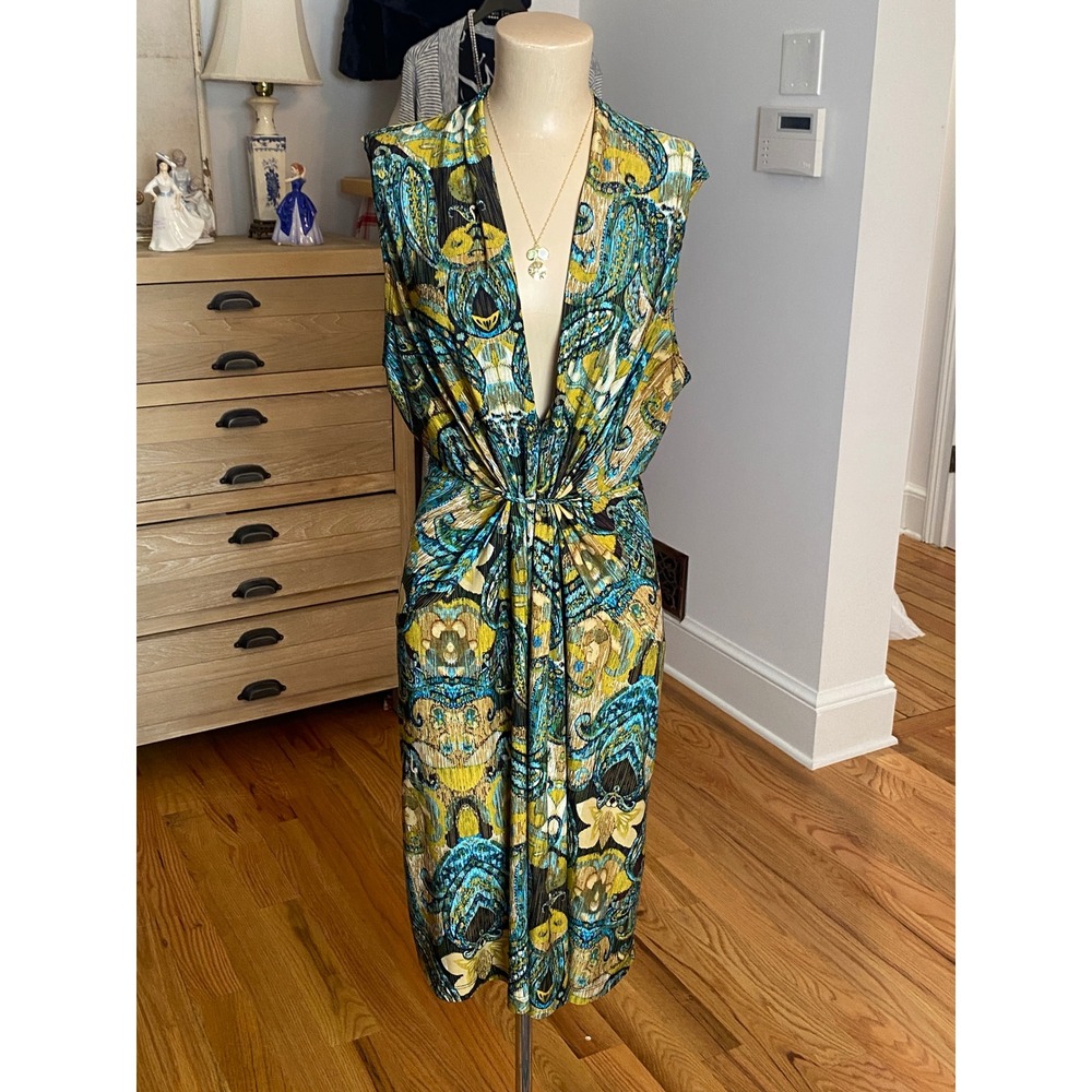 Lori Michaels Collection XL Teal Mustard Paisley Plisse Twist Front Midi Dress
